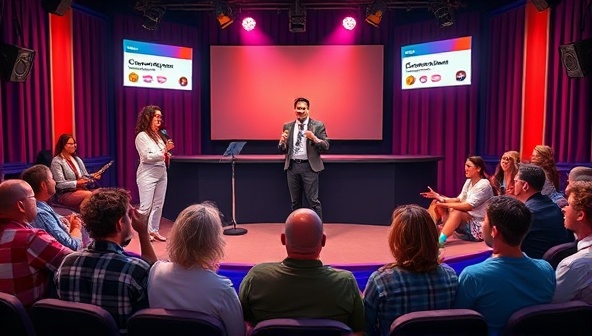 A lively and humorous scene of a virtual comedy show with comedians performing on a digital stage, a laughing audience interacting via chat, and colorful comedic props and backgrounds adding to the entertainment, creating a vibrant and engaging comedy club atmosphere.