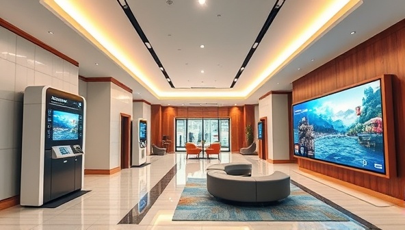 An innovative hotel lobby concept with self-check-in kiosks, interactive touchscreens displaying local attractions, and a digital concierge for personalized recommendations, illustrating the future of travel technology consultancy by TechWander Consultants.