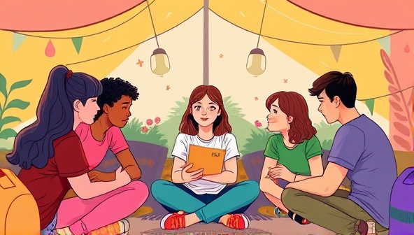 An artistic illustration of diverse teenagers engaging in virtual mental wellness activities like group therapy discussions, mindfulness exercises, and creative expression, set in a colorful and welcoming virtual camp environment, fostering connection and emotional well-being among teens.