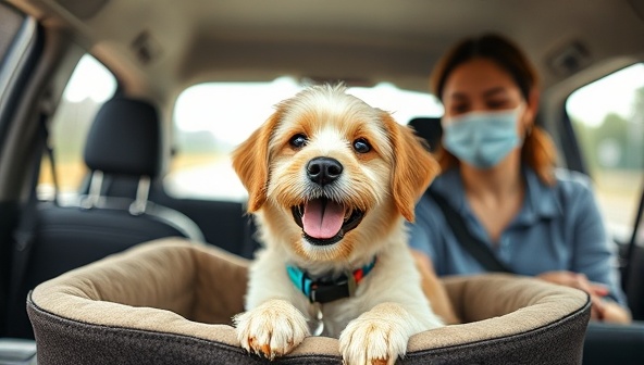 An endearing image of a happy pet being transported safely in a vehicle designed for pet comfort, with a caring driver ensuring a stress-free ride, emphasizing the pet-friendly and reliable nature of PawsOnWheels' transport service.