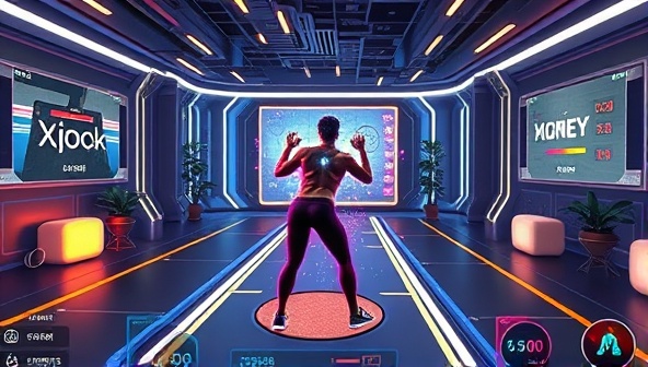 An engaging AR fitness scene with a user interacting with virtual fitness challenges and gamified exercises in a futuristic and immersive environment, highlighting the interactive and fun nature of FitQuestAR's gamified fitness app for remote workouts.