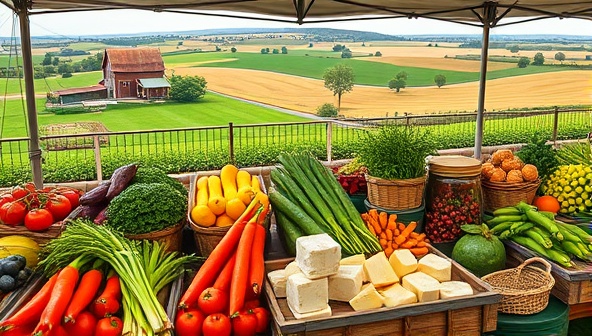 A virtual marketplace interface displaying a colorful array of fresh fruits, vegetables, artisanal cheeses, and handmade goods from local producers, with a background image of rolling fields and farm landscapes, creating a vibrant and authentic virtual farmers market experience on Farm2Screen.