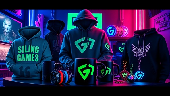 An eye-catching image featuring a variety of gaming merchandise products, such as hoodies, mugs, and keychains, creatively displayed in a gaming-themed setting with neon lights and futuristic elements, evoking a sense of excitement and style.