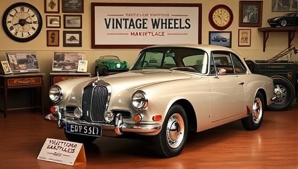An elegant classic car on display in a vintage setting, surrounded by classic car memorabilia and auction paddles, capturing the essence of the Vintage Wheels Marketplace online auction platform.