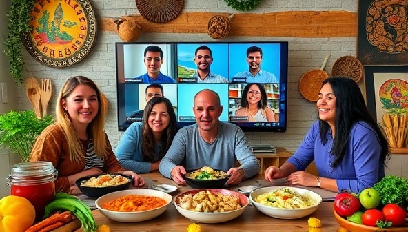 An engaging virtual exchange setting with participants from different countries sharing traditional dishes via video call, surrounded by vibrant culinary ingredients, cultural artifacts, and joyful expressions, symbolizing unity through food and diversity.