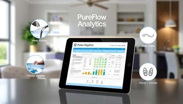 A digital representation of a water quality testing kit with detailed water analysis reports on a tablet screen, surrounded by images of clean water sources and healthy lifestyle symbols, illustrating the health benefits and safety assurance of PureFlow Analytics in a modern home setting.