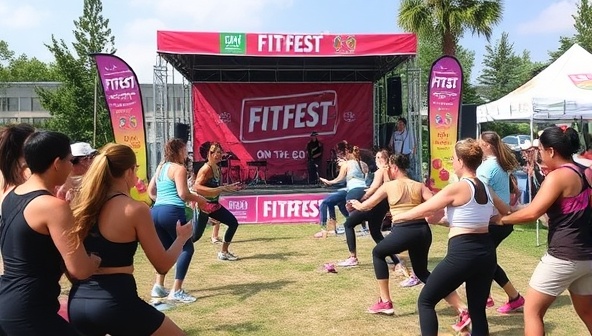 A vibrant outdoor setting with a mobile fitness stage, colorful workout equipment, and enthusiastic participants engaging in a high-energy group fitness class, surrounded by banners and tents showcasing the FitFest On-The-Go brand, epitomizing community, fun, and fitness on the move.