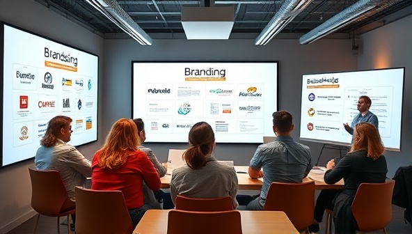 A virtual workshop scene showing participants engaged in a branding exercise, with digital whiteboards displaying brand elements and collaborative brainstorming, capturing the interactive and educational nature of BrandCrafters workshops.