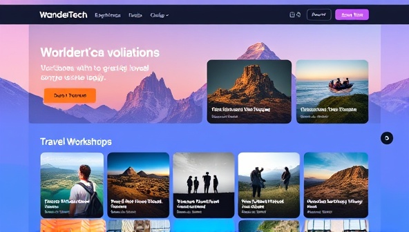 A digital interface displaying a variety of travel experiences and workshops available on WanderTech Experiences Hub, with vibrant visuals and interactive features, inviting users to explore and book unique adventures worldwide, capturing the essence of tech-driven travel innovation.