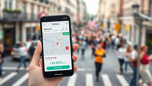 A smartphone displaying the ParkEase app interface with a map highlighting available parking spots in a crowded city area, along with options for reservation and payment, showing the convenience and efficiency of the smart parking management solution.