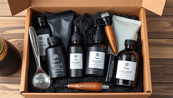 A stylish and masculine grooming box filled with premium skincare products, grooming tools, and wellness items tailored for men, featuring sleek packaging, wood accents, and a subtle cologne scent, embodying a sense of sophistication and self-care for the modern gentleman.