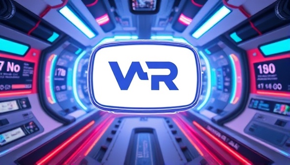 An immersive VR environment featuring a brand logo floating in a futuristic digital space, surrounded by interactive elements and engaging visuals, illustrating the captivating experience of VR Brand Adventures.