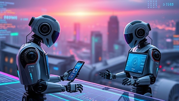 A futuristic digital landscape with AI-powered robots analyzing social media data and creating engaging content, symbolizing innovation and advanced technology in social media growth.