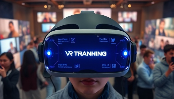 An engaging VR headset display with futuristic branding elements, surrounded by virtual reality scenes of diverse audiences experiencing immersive marketing campaigns, conveying innovation and futuristic marketing strategies.