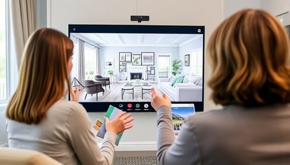 A virtual design consultation session showcasing a designer presenting a digital mood board and room layout to a client via a video call, with vibrant color swatches and furniture samples, creating a visually engaging and interactive experience.