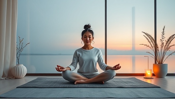 A serene and tranquil virtual mindfulness session in progress with a coach guiding clients through mindfulness exercises, breathing techniques, and relaxation practices, creating a calming and rejuvenating atmosphere for mental wellness coaching and self-care.