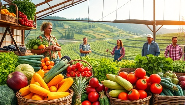 A vibrant digital marketplace showcasing colorful, fresh produce arranged in baskets, with a backdrop of lush farmland and a diverse group of farmers, conveying a sense of community and sustainability.