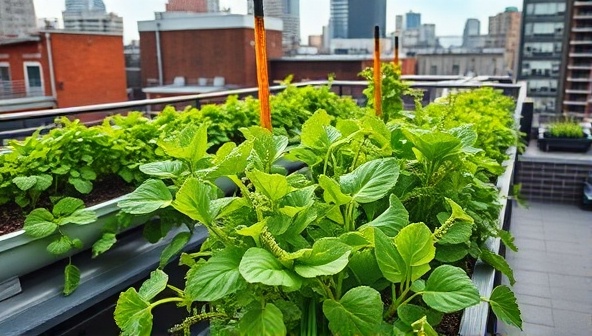 An urban rooftop transformed into a lush vertical farm, with rows of leafy greens and herbs growing vertically under LED lights, showcasing the innovative and space-efficient nature of vertical farming consulting services.