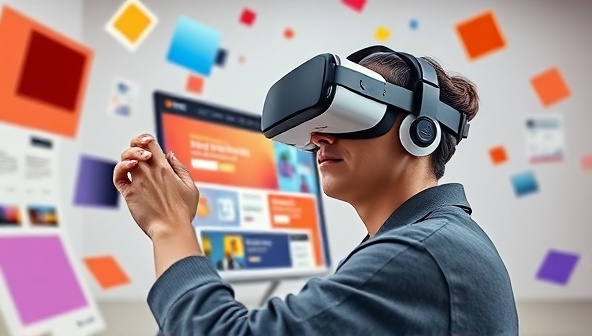 An artist in VR goggles sculpting a digital web page in a virtual space, surrounded by floating design elements and color palettes, illustrating the immersive and creative nature of VR WebSculpt's consultancy service.