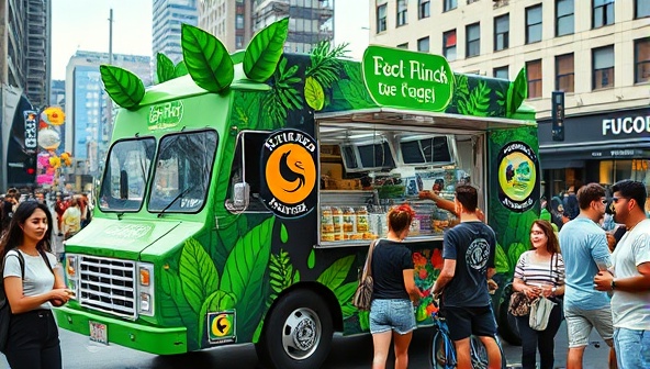 An image of a vibrant food truck adorned with green foliage and eco-friendly symbols, serving colorful plant-based dishes to a diverse group of happy customers in a bustling urban setting, exuding a hip and sustainable vibe.