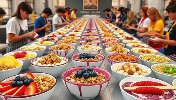 A vibrant breakfast bowl bar setup with rows of colorful bowls filled with acai blends, granola clusters, fresh fruit slices, and drizzled toppings, surrounded by energized customers customizing their ideal morning bowls, evoking a sense of health, freshness, and morning bliss.