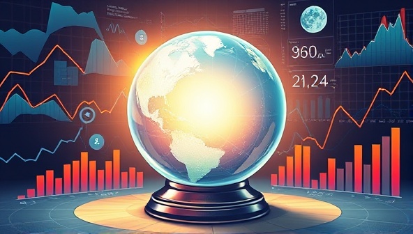 An artistic rendering of a crystal ball surrounded by dynamic charts and graphs, symbolizing foresight and prediction accuracy in a modern and engaging way, illustrating the concept of the prediction markets platform.