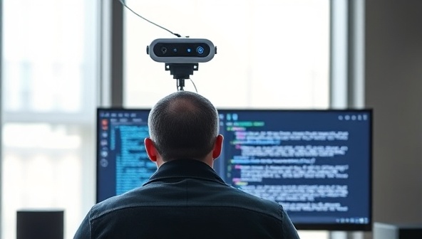 An AI-powered virtual assistant hovering over a writer's shoulder, providing real-time writing suggestions on a computer screen, creating a futuristic and efficient writing environment.