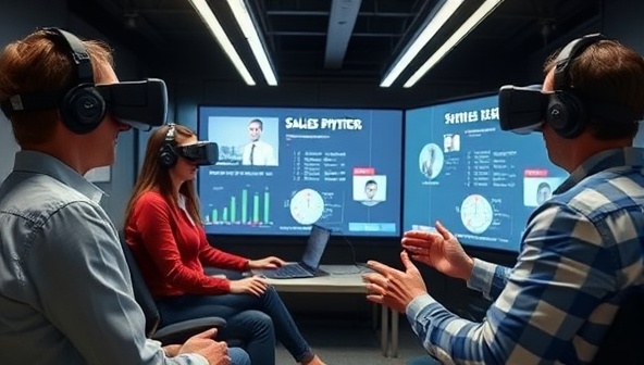 A sales team in a virtual reality environment engaging in a simulated sales pitch scenario, with a coach providing feedback and guidance, showcasing the interactive and immersive training experience offered by VR SalesPro Sim for sales professionals.