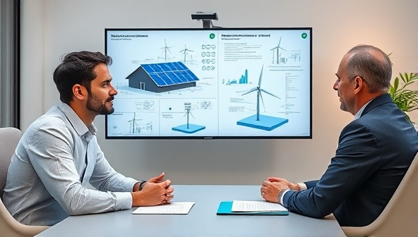 A virtual consultation setup featuring a Renewable Advisor Online consultant engaging with a client via video call, with renewable energy blueprints and models displayed in the background, showcasing the professionalism and expertise of the consultancy service.