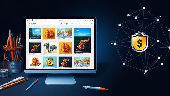An online platform interface displaying a collection of digital artworks, each with a unique blockchain token, surrounded by digital art tools and a secure blockchain network visualization, symbolizing the innovative and secure art transactions facilitated by ArtChain Creations.