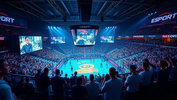 A dynamic and engaging esports arena setting on Esports BetHub, showcasing live streams of esports matches, betting options on teams, and a vibrant community interacting and cheering for their favorite players, capturing the excitement of esports betting.