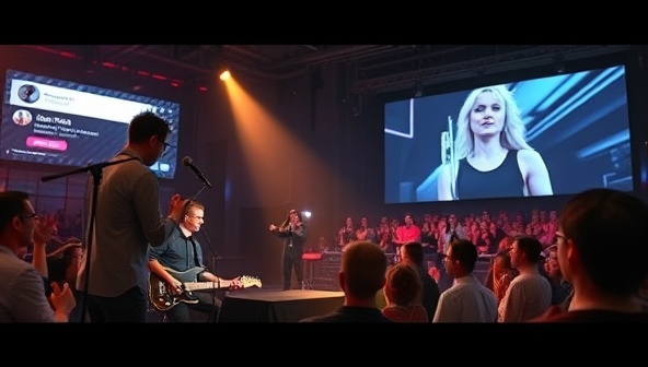 An engaging virtual performance scene with a musician playing to a virtual audience, interactive elements like live chat and virtual applause visible, showcasing the platform's ability to provide immersive and entertaining experiences.