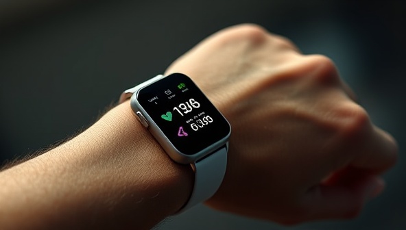 An artistic representation of a sleek wearable health device on a person's wrist, displaying vital signs and health metrics, with a digital interface showing personalized health insights, conveying innovation and health monitoring.