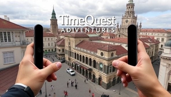 An augmented reality view of a historical cityscape with digital clues and interactive elements superimposed, showcasing the immersive and gamified experience of TimeQuest Adventures.