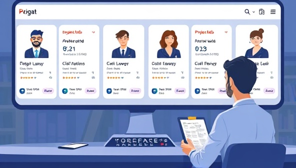 An illustration of a digital marketplace interface with profiles of freelance lawyers showcasing their expertise, client reviews, and project bids, with a user browsing through legal service offerings, highlighting the platform's dynamic and transparent nature.