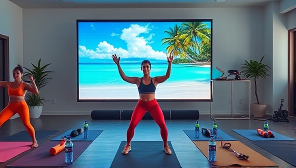 An energetic fitness instructor leading a virtual workout session with a scenic tropical beach background on a large screen, surrounded by workout mats, water bottles, and fitness props, exuding motivation and vitality.