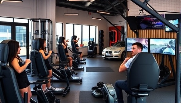 An energetic and dynamic setting showcasing a fusion of workout equipment and driving simulators, with trainers guiding clients through fitness exercises tailored for driving performance improvement, conveying a sense of action and dedication to automotive fitness.