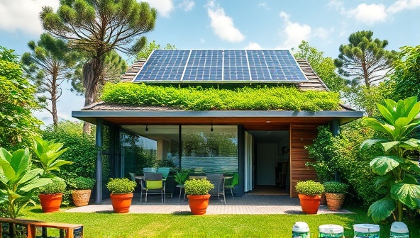 An eye-catching visual of a website design studio powered by solar panels, surrounded by lush greenery and recycled materials, illustrating the eco-friendly ethos and sustainable approach of GreenWeb Innovations in web design.