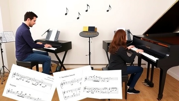 An engaging virtual music lesson session with an instructor demonstrating musical techniques on a digital piano while a student follows along on their own instrument, surrounded by musical notes and a music stand, creating a harmonious and educational atmosphere at MelodyMentor.