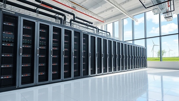 A sleek and modern data center interior with rows of servers efficiently cooled by advanced systems, powered by renewable energy sources visible through large windows, portraying a harmonious blend of technology, sustainability, and efficiency at EcoServe Data Solutions.