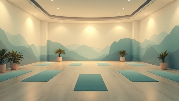 An enchanting digital landscape featuring a serene yoga studio with calming colors, soft lighting, and virtual yoga mats arranged in a peaceful setting, inviting viewers to immerse themselves in the tranquil and meditative world of SerenitySpace.