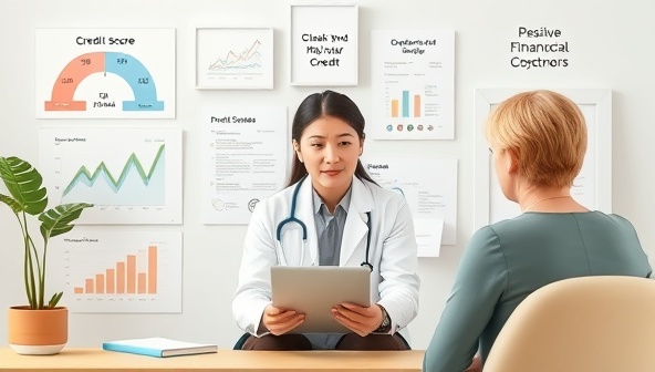 A virtual credit counseling session with a professional counselor providing advice to a client, surrounded by credit score graphs, financial planning charts, and positive affirmations, conveying a supportive and empowering environment for individuals seeking to improve their credit and financial well-being.