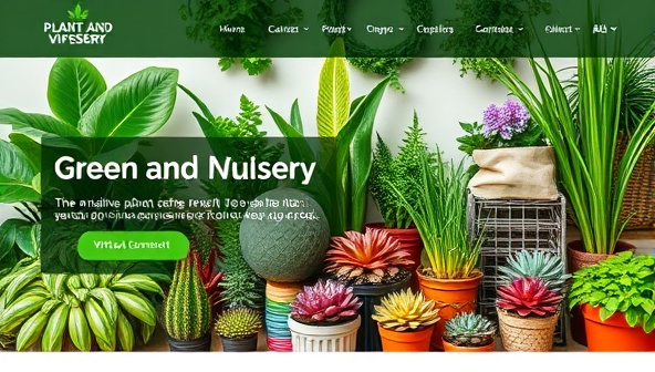 An online plant nursery website featuring a diverse selection of lush green plants, colorful succulents, and gardening tools, with a virtual consultation button for personalized plant care advice, promoting a green and vibrant lifestyle.