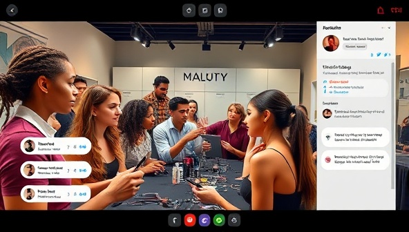 A dynamic and engaging virtual beauty masterclass scene with a diverse group of participants watching a professional makeup artist demonstrate techniques on a model, with interactive chat features and virtual beauty tools for hands-on learning and interaction.