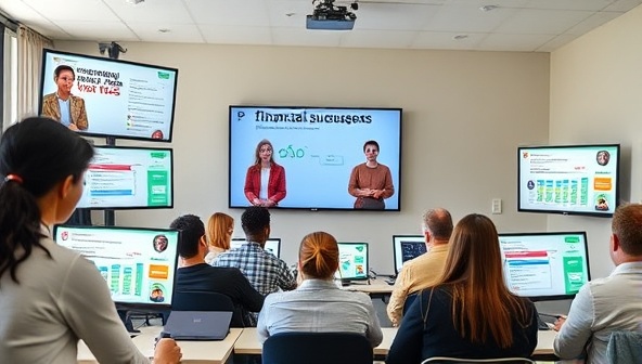 An online classroom setting with a diverse group of participants engaging in a financial literacy boot camp session, with digital screens displaying budgeting tools and financial success stories, creating a dynamic and engaging learning environment.
