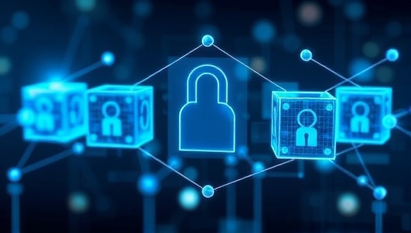 An abstract representation of interconnected blockchain blocks forming a secure digital identity chain, symbolizing trust, transparency, and reliability in online identity verification processes, with a futuristic and technological aesthetic.