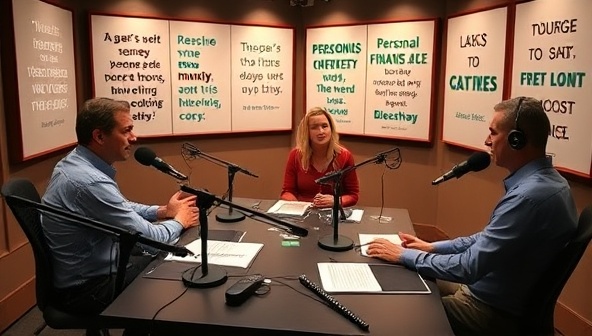 A podcast studio setup with microphones, soundproofing panels, and recording equipment, featuring podcast hosts engaging in lively discussions on personal finance topics, surrounded by inspiring quotes and money-related visuals, creating a vibrant and informative podcasting atmosphere.