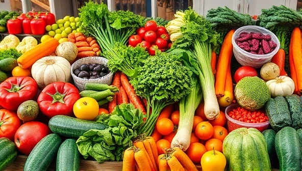 A vibrant digital collage of colorful, fresh produce arranged attractively on a virtual marketplace interface, symbolizing the connection between farmers and consumers in a modern way.