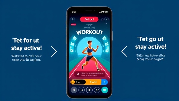 An engaging mobile screen displaying a fitness avatar completing a workout challenge in a virtual world, surrounded by motivational messages and progress trackers, encouraging users to stay active and achieve their fitness goals.