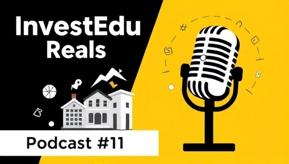 An engaging podcast cover art featuring a microphone, real estate symbols, and a dynamic design that conveys professionalism and expertise, representing the educational and informative content of InvestEdu Real's real estate investment podcast.